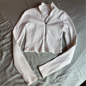 TNA Aritzia White Ribbed Zip-Up Sweater